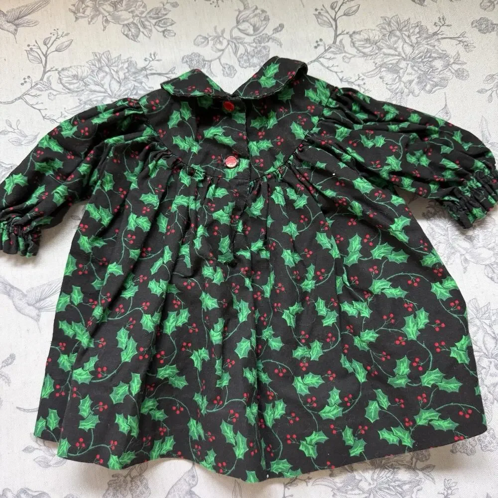 VTG 80s Girls 2T Holiday Christmas Dress Handmade Green Red Holly Berry Collar